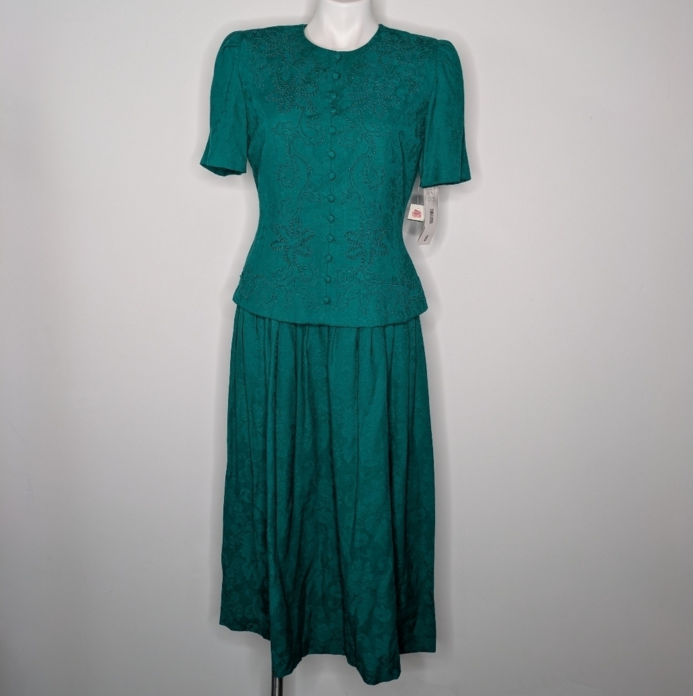 NWT Vintage Karin Stevens Green Embroidered & Beaded Short Sleeve Dress 8